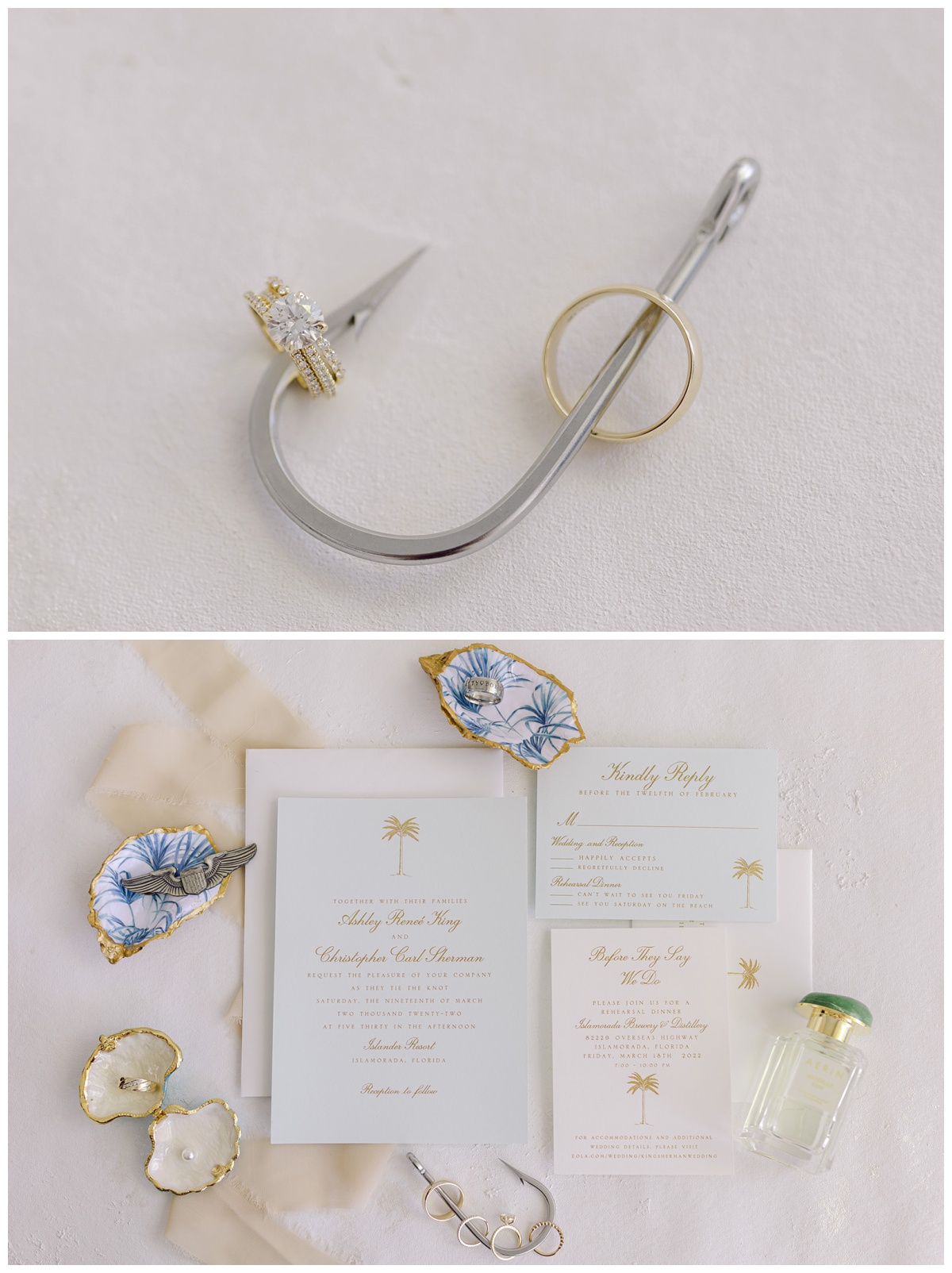 coastal bridal details and coastal wedding invitation suite for Islamorada wedding
