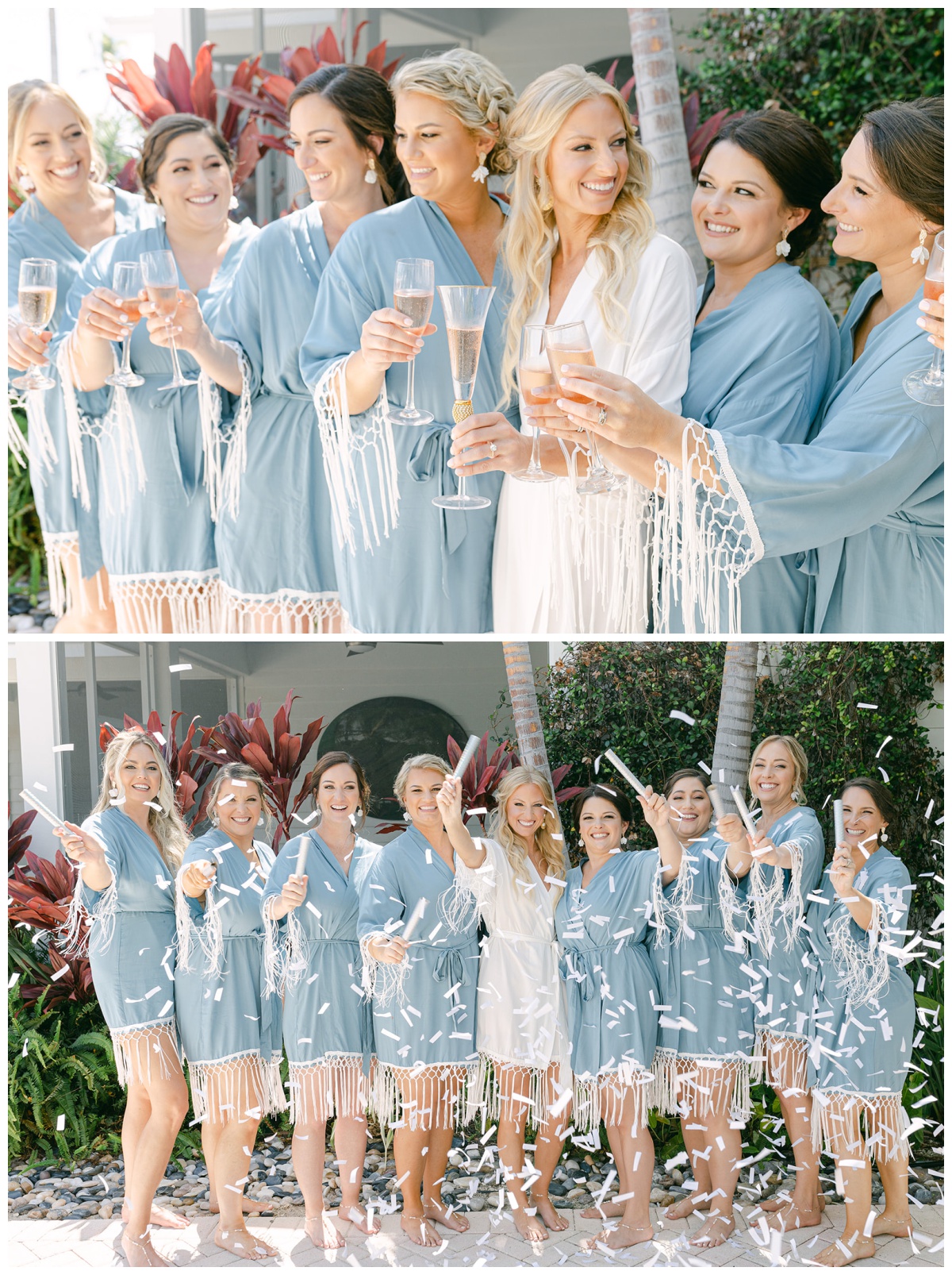blue and white bridesmaid getting ready robes for destination wedding in the Florida Keys