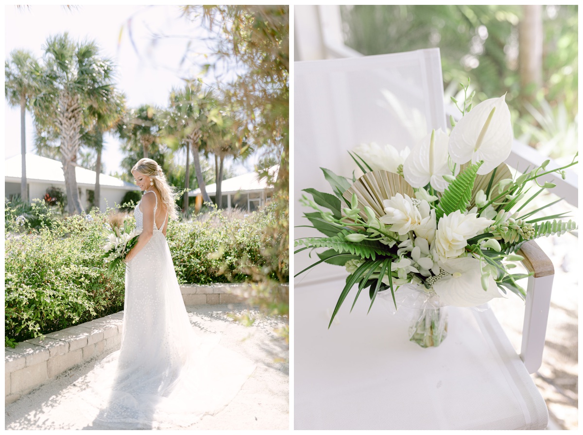 tropical bride holds white and green tropical bridal bouquet for Florida Keys wedding