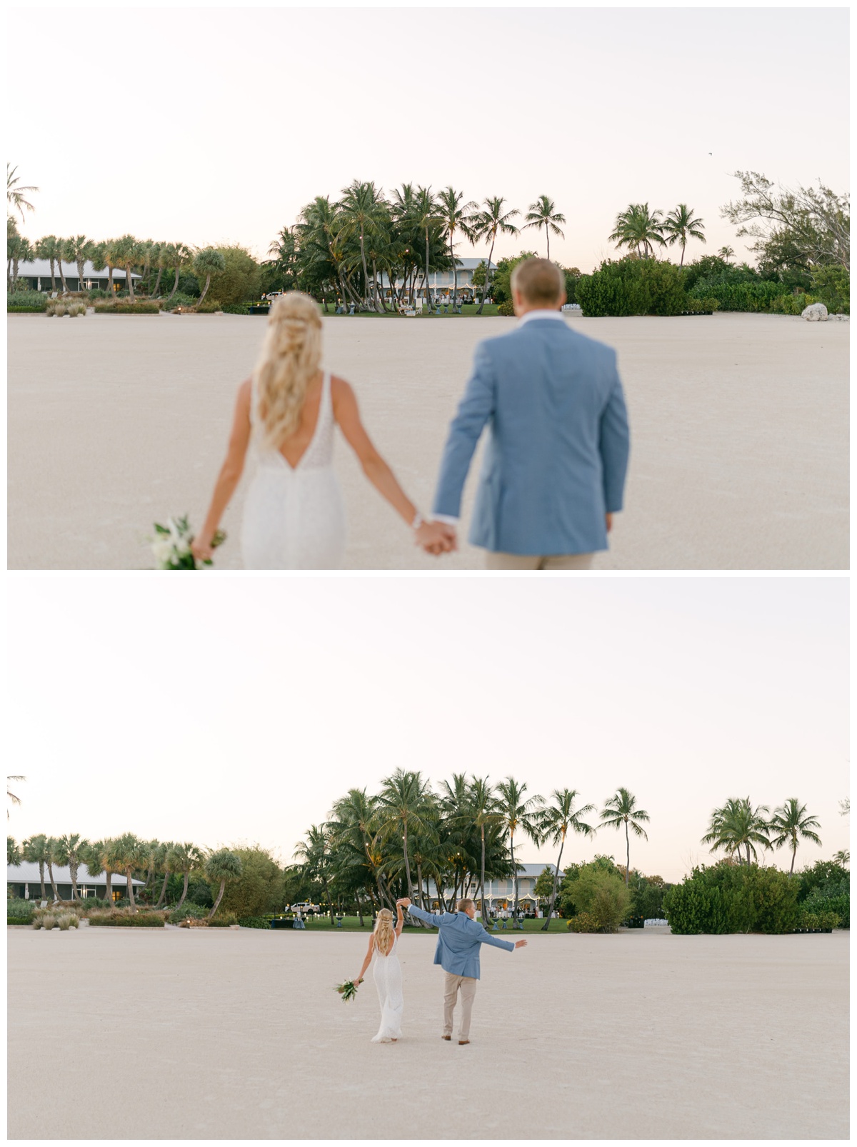 bride and groom hold hands Oceanside at Islander Resort in the Florida Keys