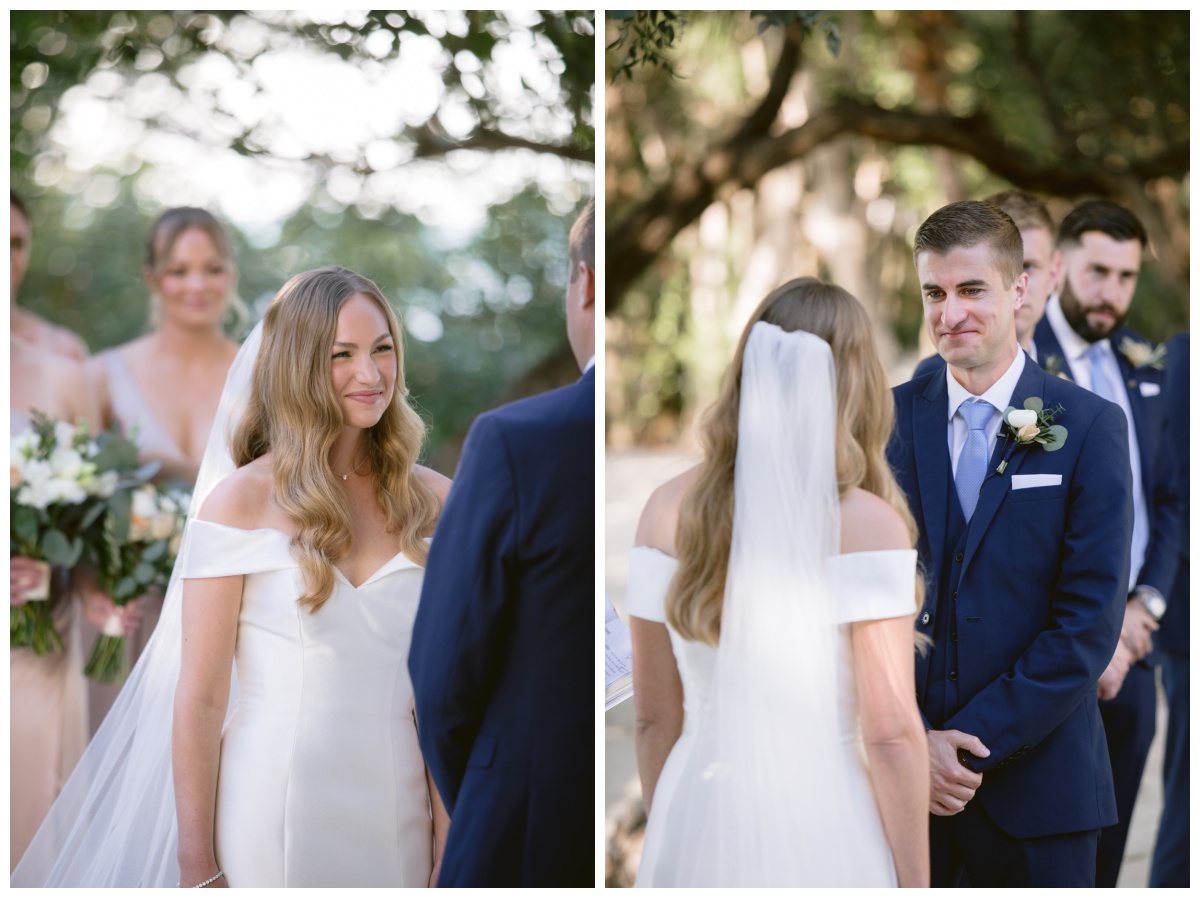 bride and groom smile at one another during beach wedding ceremony in the Florida Keys